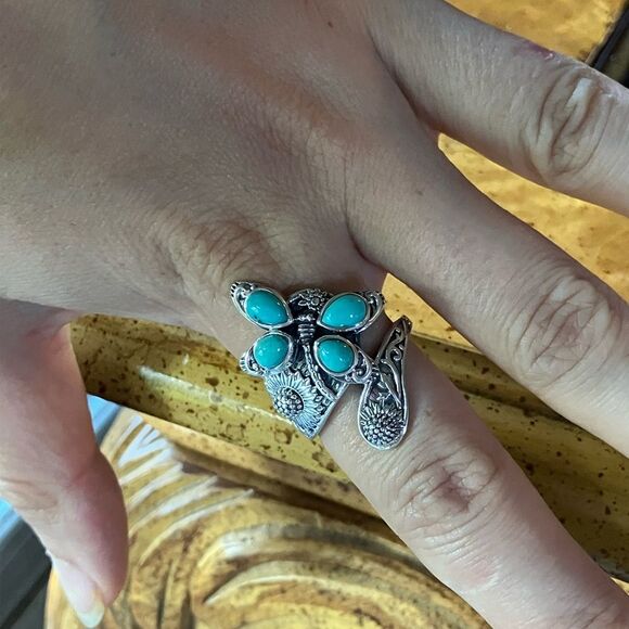 Sierra Nevada Turquoise Sterling Silver Butterfly Sunflower Ring Size 9 - Picture 4 of 9